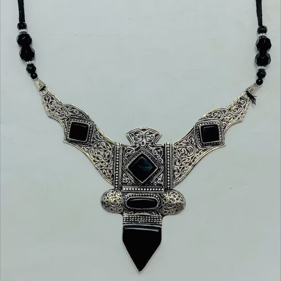 Antique Black Nepalese Triangular Pendant Necklace, Boho Chic Necklace - Picture 7 of 11
